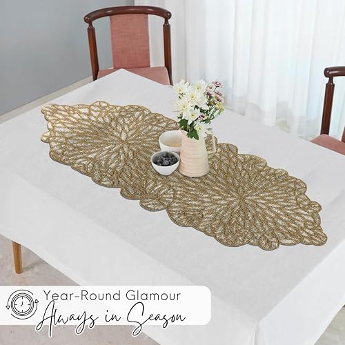Gold Beaded Table Runner, Metallic, 13x36 | 85% glass beads, 15% polyester backing, handcrafted, shimmering metallic finish, weddings, Christmas, wipe-clean care - color: Silver Golden, size: 36"x13"