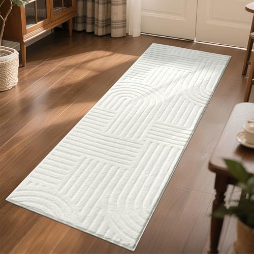 SHACOS Soft Cozy Fluffy Arch Pattern High Low Pile Runner Rugs 2'x6' Non Slip Washable Scandinavian Minimalist Rug Modern Geometric Arc Carpet for Living Room Bedroom Bathroom, Cream White - color: Cream White, size: 2'x6'