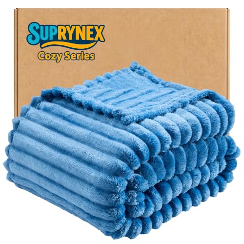 330GSM Ribbed Fleece Throw Blanket for Couch, Blue, 50"x60" | Super Soft Plush Flannel Blanket; Lightweight Home Decor; Gift for Her; All-Season Comfort for Couch, Sofa and Travel - color: Blue, size: Throw(50"x60")