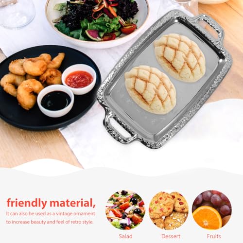 Homoyoyo Silver Serving Tray With Handles, Mirror Finish Rectangular Metal Tray 13.5*9 Inch for Food Serving Coffee Table Dessert Platter Stainless Steel Decorative for Kitchen Dining Room Wedding Use