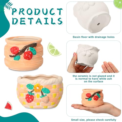 Hushee 12 Sets Ceramic Succulent Planters Paintable Succulent Plant Pots Small DIY Figurines Unpainted Pots with Drainage Hole Color Paints Paintbrushes Palettes - color: Fruit