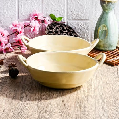Ceramic Soup Bowls with Handles Set of 2, Cream Yellow Porcelain Snack Bowls, 24 oz Large Salad Bowls, Microwave and Dishwasher Safe
