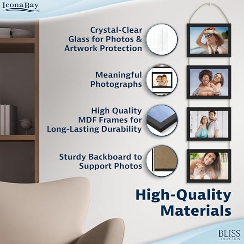 5x7 Wall Hanging Picture Frames Collage with 4 Openings - Basic Black - Casual Style Engineered Wood Frames - Wall Mount Only - Bliss Collection - color: Basic Black, size: 5x7