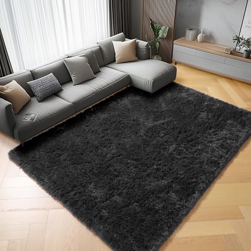 Black Area Rugs for Living Room Bedroom, 5x8 Fluffy Shaggy Rug, Soft Plush Large Indoor Floor Carpet for Nursery Kids Girls Boys Teen Dorm Bedside Playroom Home Office Decor Aesthetic - color: Black, size: 5' x 8' (Rectangular)