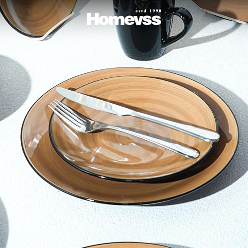 HomeVss, Sonoma 16pc Stoneware Dinnerware Set, Outside Black + Inside Hand Painting Color Mocha - color: Mocha
