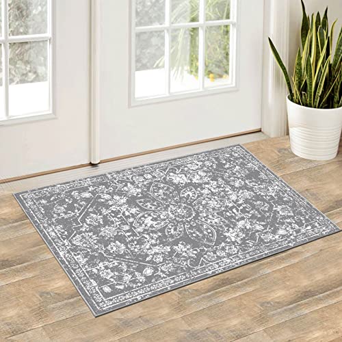 Pauwer Washable Entryway Rug 2x3, Non Slip Door Mat Small Area Rug, Gray | Washable Throw Rugs, Low-Pile Indoor Mat, Vintage Runner Rug, Soft Floor Carpet For Hallway, Entrance, Bedroom, Living Room - color: Vintage Grey, size: 2' x 3' (Rectangular)