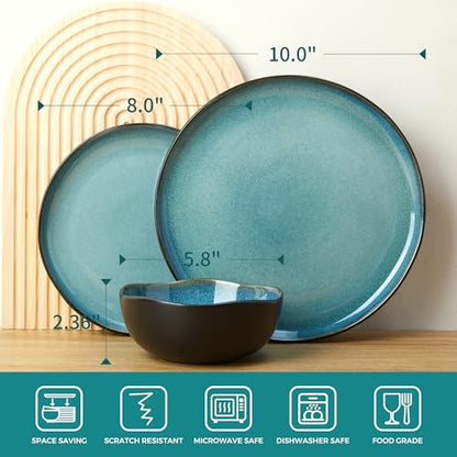 Stoneware Dinnerware Sets, Kitchen Plates and Bowls Set, Ceramic Dish Set for 4, Modern Chip & Scratch Resistant Dishware Sets, Durable Reactive Glaze Dinner Set, Green Black - color: Green Black, size: Set (12pcs)