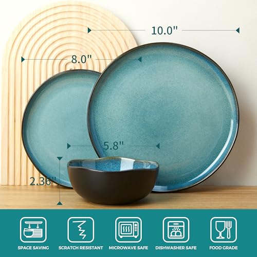 Ceramic Dinnerware Sets for 4, 12pcs Plates and Bowls Sets Dish Set | Stoneware Dishware sets, Microwave & Dishwasher Safe, Cereal Bowls and Dinner Plates Set, Stackable Dishes Set, Green Black - color: Green Black, size: Set (12pcs)