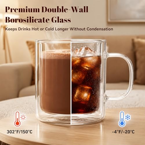 4PCS 12OZ Double Walled Glass Coffee Mugs, 350ml Borosilicate Glass Coffee Cups Insulated Coffee Mug with Handle Clear Heat Resistant Hot/Cold Beverages Dishwasher Safe Cappuccino Tea Latte