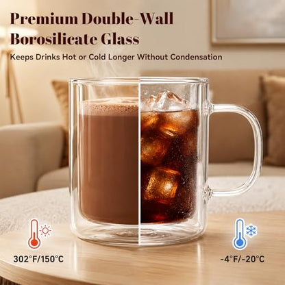 4PCS 12OZ Double Walled Glass Coffee Mugs, 350ml Borosilicate Glass Coffee Cups Insulated Coffee Mug with Handle Clear Heat Resistant Hot/Cold Beverages Dishwasher Safe Cappuccino Tea Latte