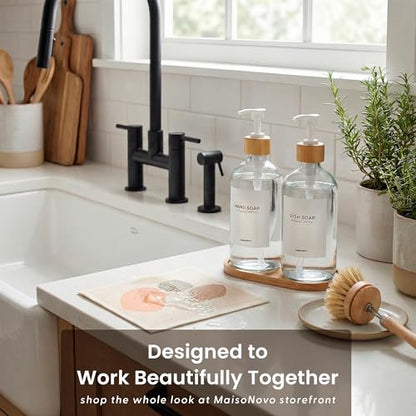 MaisoNovo Glass Dish Soap Dispenser for Kitchen Set of 2-16.9oz Clear Dish and Hand Soap Dispenser Set for Kitchen - Clear Glass Bottles x 2 with White Bamboo Pumps & Tray - color: Clear Bottles/White Bamboo Pumps