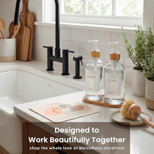 MaisoNovo Glass Dish Soap Dispenser for Kitchen Set of 2-16.9oz Clear Dish and Hand Soap Dispenser Set for Kitchen - Clear Glass Bottles x 2 with White Bamboo Pumps & Tray - color: Clear Bottles/White Bamboo Pumps
