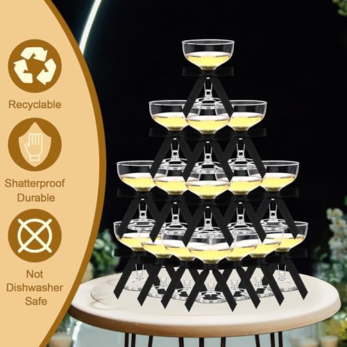 50 Sets Plastic Martini Glasses Champagne Coupe Glasses with Bow 5 oz Champagne Tower Cups Cocktail Glasswares Bulk for A Tini Bit Older Birthday Party Supplies Wedding Bar (Black) - color: Black