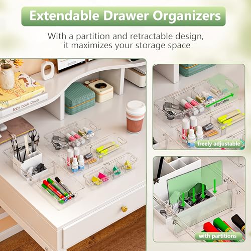 BLULEE 4-in-1 Expandable Drawer Organizer Set, Adjustable Clear Bins | with Dividers for Kitchen, Bathroom, Vanity & Office, Scalable Trays for Cosmetics, Utensils & Desk Accessories (4 Pcs) - size: 4 PCS