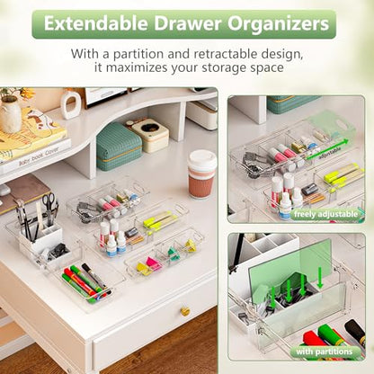 BLULEE 4-in-1 Expandable Drawer Organizer Set, Adjustable Clear Bins | with Dividers for Kitchen, Bathroom, Vanity & Office, Scalable Trays for Cosmetics, Utensils & Desk Accessories (4 Pcs) - size: 4 PCS