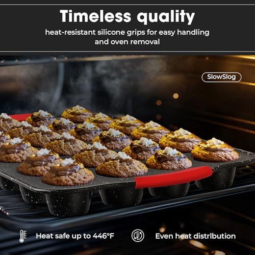 11-Piece Nonstick Stackable Baking Pans Set, Non Toxic Oven Pans, Red&Black | Toxin-Free Bakeware Sets, Baking Pan Set with Silicone Handles, Includes Cookie Sheets, Loaf Pan, Pizza Pan, Muffin Pan