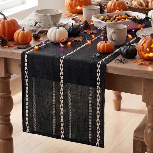 Artoid Mode Black Rustic Cotton Linen Table Runner, Seasonal Halloween Embroidered Hollow Kitchen Dining Table Decoration for Home Party Decor 13x36 Inch - color: Black, size: 13" x 36"