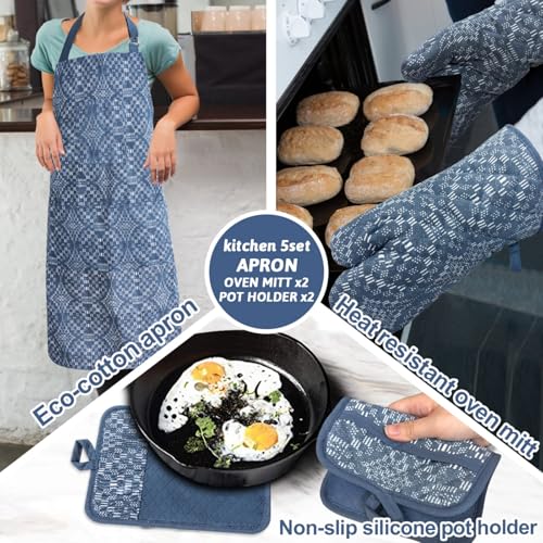 Oven Mitts and Pot Holders with Cooking Apron Set of 5, Heat Resistant Kitchen Gloves and Silicone Non-Slip Potholders (Dusty Blue) - color: Dusty Blue