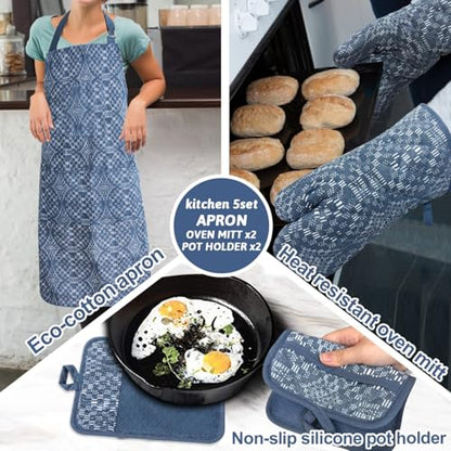 Oven Mitts and Pot Holders with Cooking Apron Set of 5, Heat Resistant Kitchen Gloves and Silicone Non-Slip Potholders (Dusty Blue) - color: Dusty Blue