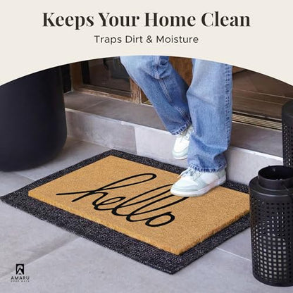 Coir Welcome Mat, Non-Slip, Hello Classic, 17 x 29 in | 100% Natural Coir, Anti-Shedding, Durable PVC Backing, Traps Dirt and Mud, Indoor and Outdoor Entryway, Easy to Clean - color: Hello Classic