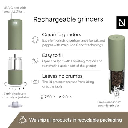LARS NYSØM Electric Salt and Pepper Grinder Set I Automatic Salt and Pepper Mills with Adjustable Ceramic Grinder I USB Rechargeable Electric Spice Mill Set with LED Light (Sage Green) - color: Sage Green, size: Set of two electric mills