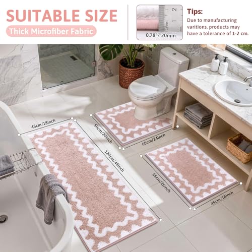 Findosom Bathroom Rugs Sets 3 Piece, Absorbent Soft Non-Slip Bath Rug Set | Washable Microfiber Shaggy Scalloped Bath Mat Set with Bathroom Runner Rug, U-Shaped Toilet Rugs, Shower Rug, Pink - color: Pink & White, size: 18"x26"+18"x48"+U 20"x24"