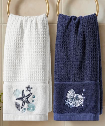 Cotton Embroidered Hand Towels for Bathroom Set of 2, Seashell | Quick-Dry Waffle Weave, Terry Cloth, 16x26 Absorbent Decorative Towel, Beach Style Decor for Kitchen, Guest Bath, Gifts - color: Coastal Seashell