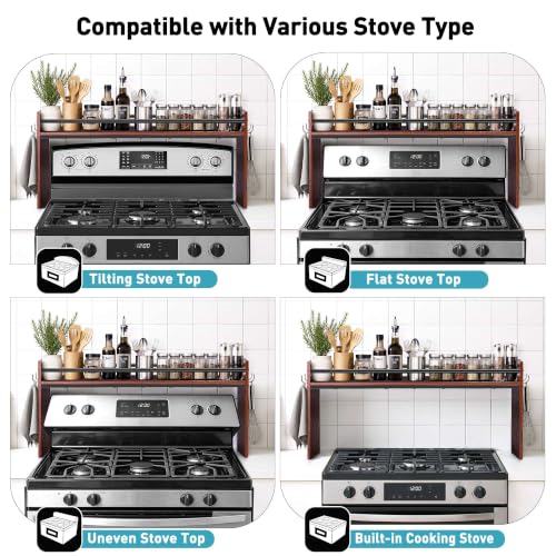 Noodle Board Stove Cover and Over the Stove Spice Rack Combo Set | Expands Countertop Space, Stove Top Cover Used as Serving Tray, Sink Cover, Spice Shelf with 4 Hooks, Farmhouse Decor, Walnut - color: Set - Walnut