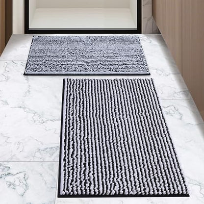 Chenille Bathroom Rugs Set 2 Piece, Absorbent Bath Rugs, Non-Slip Bath Mats, Machine Washable Rugs for Bathroom Floor, Tub and Shower, Black&White (20 × 32 Plus 17 ×24 - Inch) - color: Black &White