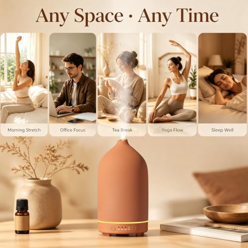 200ML Ceramic Essential Oil Diffuser for Home, Stone Diffuser | Ultrasonic Aromatherapy Diffuser & Air Humidifier for Bedroom, Office, Yoga, 7 LED Lights, Auto Shut-Off, 3 Timers, Brown - color: Brown