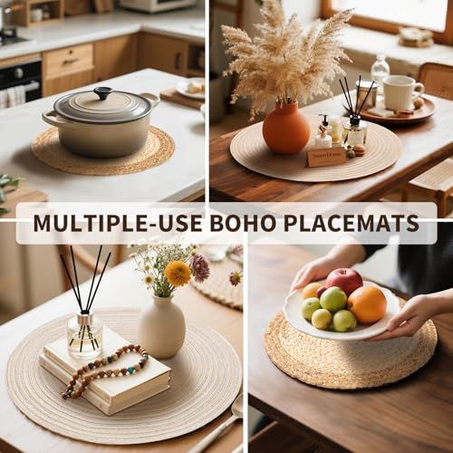 Handmade Round Boho Placemats Set of 6 | Natural Woven & Polyester Braided Combo Table Mats | 12-Piece Versatile Place Mats | Simple Rustic Farmhouse Style Dining Table Decor, Beige - color: Beige