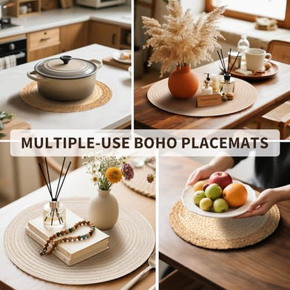Handmade Round Boho Placemats Set of 6 | Natural Woven & Polyester Braided Combo Table Mats | 12-Piece Versatile Place Mats | Simple Rustic Farmhouse Style Dining Table Decor, Beige - color: Beige