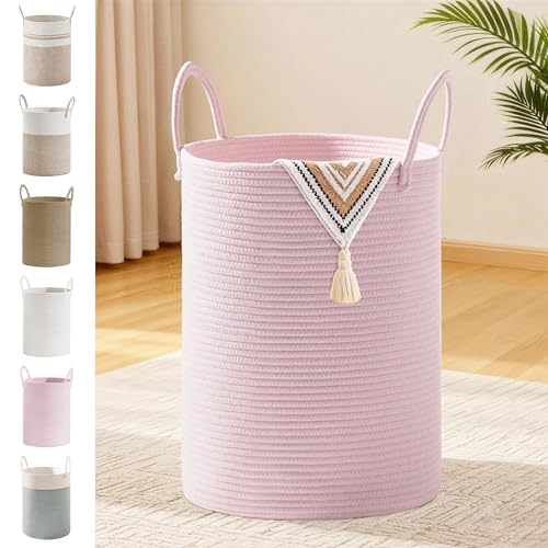 58L Tall Cotton Rope Laundry Basket with Handles, Pink | Storage Bin for Clothes, Blankets & Kids Toys, Girls Woven Hamper, Portable Organizer for Nursery, Bedroom, Living Room - color: Pink, size: 58L