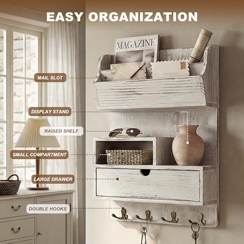 Rebee Vision Pine Wood Key Holder Wall Mount with Shelf & Drawer, Whitewash | Farmhouse Mail and Key Organizer, 4 Key Hooks, Stores Letters and Small Items, Adds Retro Charm, Apartment Entryways - color: Whitewash