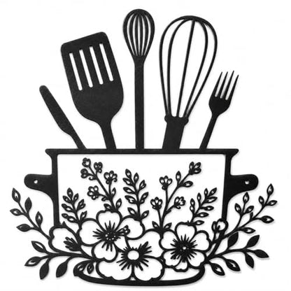 Yoanxong Kitchen Wall Decor Metal Art, Black Farmhouse Kitchen Decor with Floral Utensil Design, Rustic Kitchen Wall Art Hanging Sign for Dining Room, Coffee Bar, Home Decorations