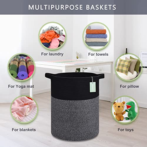 Cotton Rope Blanket Basket, 72L Tall Laundry Hamper, Black & Gray | 16"x 22", Large Collapsible Woven Nursery Hamper with Sturdy Handles for Clothes Toys Towels, Bedroom Living Room Bathroom - color: Black & Gray, size: 72L (16"x22")