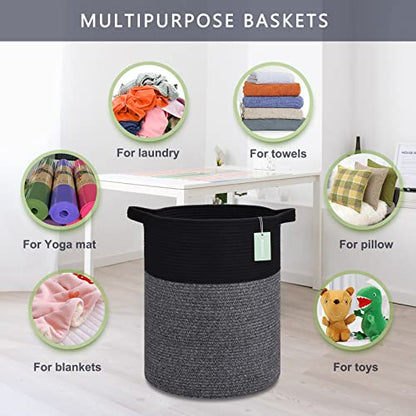 Cotton Rope Blanket Basket, 72L Tall Laundry Hamper, Black & Gray | 16"x 22", Large Collapsible Woven Nursery Hamper with Sturdy Handles for Clothes Toys Towels, Bedroom Living Room Bathroom - color: Black & Gray, size: 72L (16"x22")