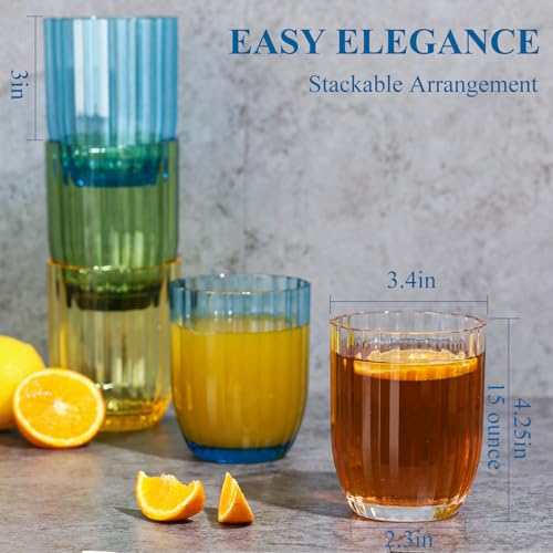 Acrylic Clear Highball Plastic Cups | Plastic Reusable Tumblers 15oz (Set of 8) | Stackable | BPA-free Tumblers | Shatterproof | Top-rack Dishwasher Safe - color: Multicolor, size: 15 Ounces