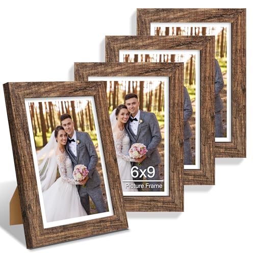 Hongkee 6x9 Picture Frame Set of 4, Made of Real Glass and Rustic Brown Wooden Frame - 6 by 9 Photo for Wall or Tabletop Display - color: Rustic Brown, size: 6x9 in