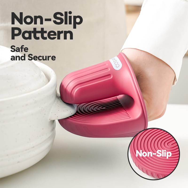 Silicone Oven Mitts Heat Resistant Mini Oven Gloves and Pot Holders Set for Kitchen Non Slip Waterproof Pinch Grips for Cooking and Baking Set of 2 - color: Berry Pink