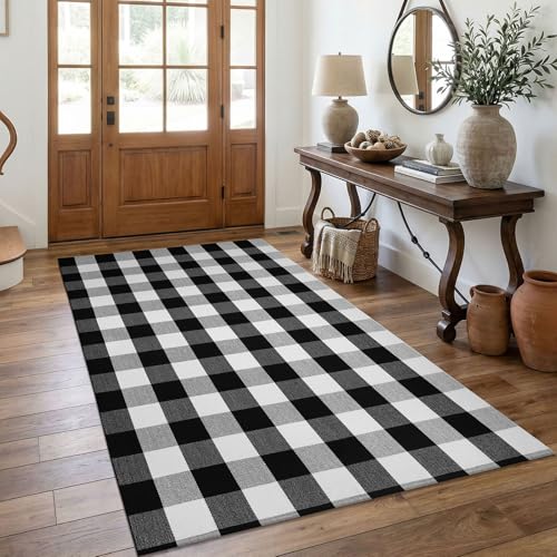 KOZYFLY Buffalo Plaid Area Rug 4 x 6 Ft Black and White Checkered Rug Washable Outdoor Rugs Cotton Rugs for Bedroom Front Door Mat Carpet for Front Porch Living Room Dining Room Kitchen | Washable Outdoor Rugs, Cotton Front Porch Rug, Woven Front Door Rug