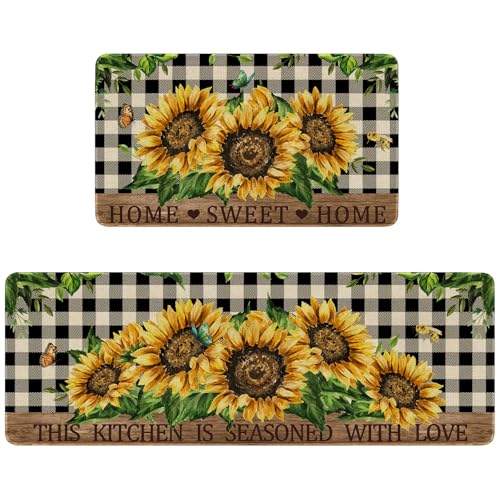 Sunflowers Kitchen Rugs Set of 2,Home Sweet Home Buffalo Plaid Holiday Kitchen Mats for Floor,Spring Summer Seasonal Non-Slip Washable Sink Mat Home Decor Doormat+Runner Rug - color: Buffalo Plaid-sunflowers
