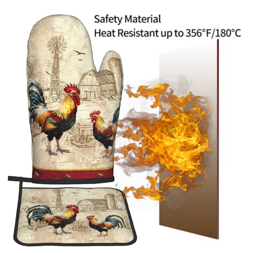 Farm Rooster Oven Mitts and Pot Holder Set of 2 Rustic Chicken Kitchen Potholders Heat Resistant Oven Glove for Baking Cooking Grilling BBQ - color: Farm Rooster
