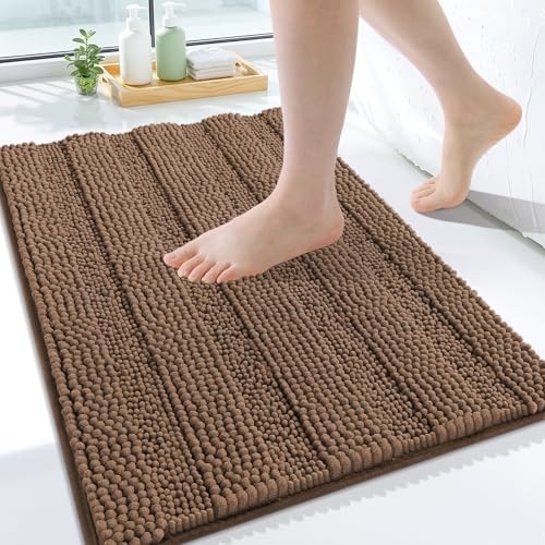 Grandaily Chenille Striped Bathroom Rugs 24x16, Extra Thick and Soft Absorbent Bath Mats, Rubber Backing, Plush Shaggy Shower Carpet, Machine Wash Dry, Bath Rug for Bathroom, Mocha - color: Mocha, size: 24" X 16"