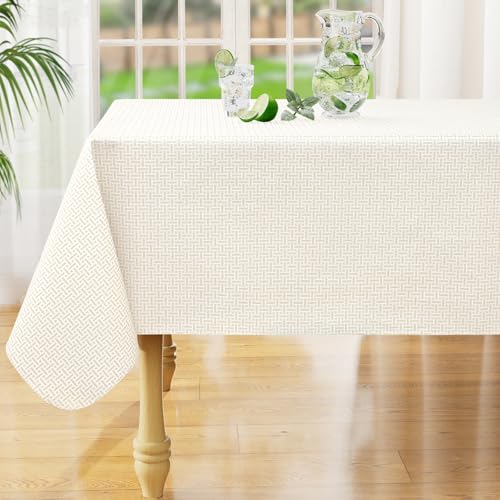 Rectangle Waterproof Vinyl Table Cloth, Plastic Tablecloth with Flannel Backing, Wipeable Table Cover for Dinner, Picnic, Indoor and Outdoor (Weave Patternd, 52" x 70") - color: Light Khaki, size: 70" x 52" (Rectangular)