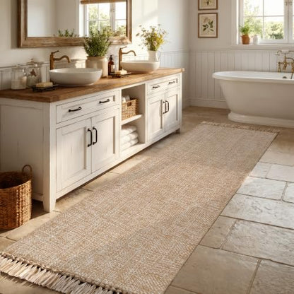 Long Hallway Runner Rug 2.6' x 8', Washable Runner Indoor Entryway Rug, Tan Braided Woven Kitchen Runner Rugs Low-Profile Front Door Floor Carpet for Laundry Room Bedroom Doorway | Tan/Cream Braided Woven Kitchen Runner Rugs, Low-Profile Front Door Floor