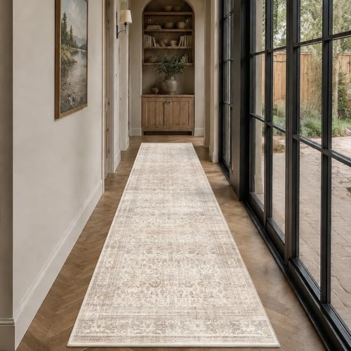 Schweek 3x10 Hallway Runners Washable Non Slip Vintage Beige Kitchen Rug | Soft Stain Resistant Neutral Runner Rugs, Low Pile Floral Runner, Indoor Long Carpet for Bedroom, Laundry, Bathroom, Nursery - color: Beige, size: 3' x 10' (Runner)
