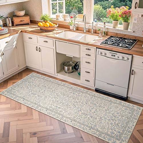 jinchan 2x6 Washable Hallway Runner Rug, Floral Non-Slip, Blue/Cream | Soft Low-Pile, Botanical Throw Carpet for Kitchen Entryway Laundry Room Bedroom - color: Blue/Cream, size: 2' x 6' (Rectangular)