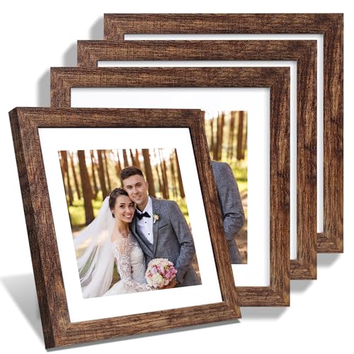 Hongkee 10x10 Picture Frame Set of 4, Made of Glass and Rustic Brown Wooden Frame - Display Picture 8x8 with Mat or 10 x 10 Without Mat, 10 by 10 Photo for Wall or Tabletop - color: Rustic Brown, size: 10x10 in
