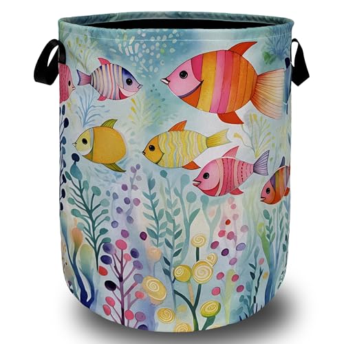 Colorful Fish Laundry Basket Oxford Cloth Foldable Hamper 18.9x16.5 Inch | Cute Ocean Animals With Handle Tote Bag Laundry Hamper Clothes Storage Bucket Toy Organizer For Bathroom/Laundry/Bedroom - color: Watercolor Fish Hand Drawn Fishes